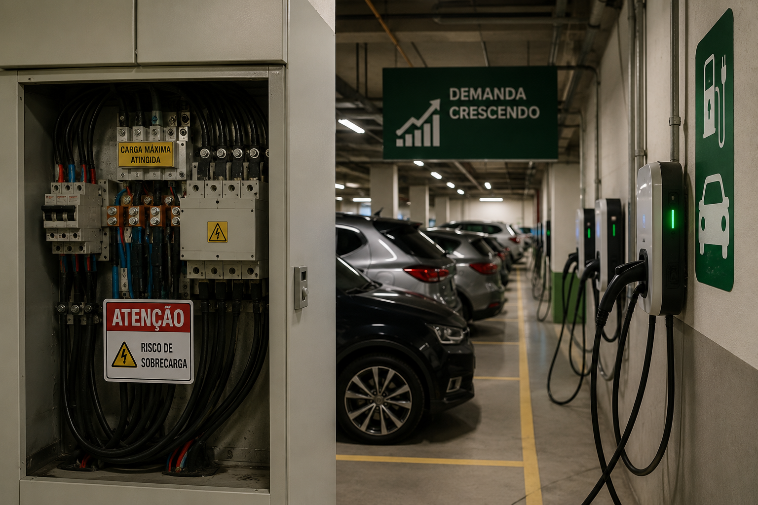 Quadro elétrico e infraestrutura de recarga em garagem de condomínio