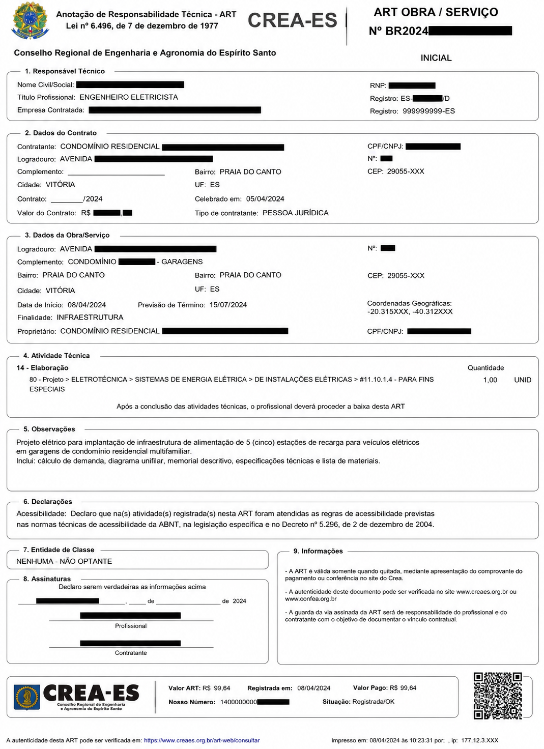 Exemplo de ART — Anotação de Responsabilidade Técnica